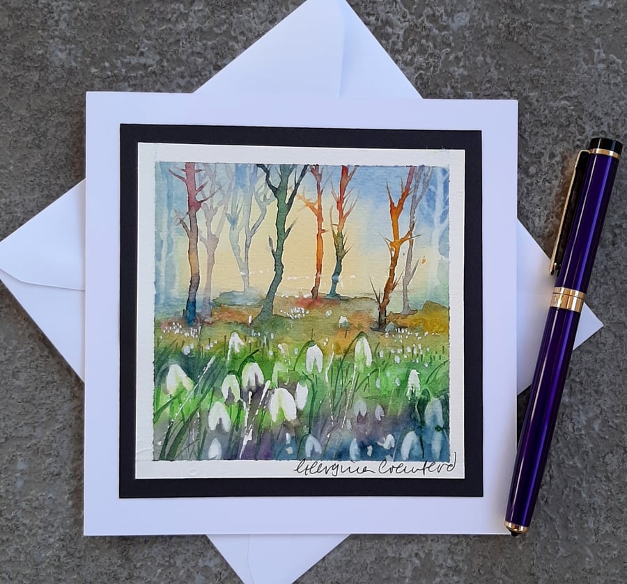 Handpainted Blank Card. Handmade. Letterbox Gift. Keepsake. Snowdrops.