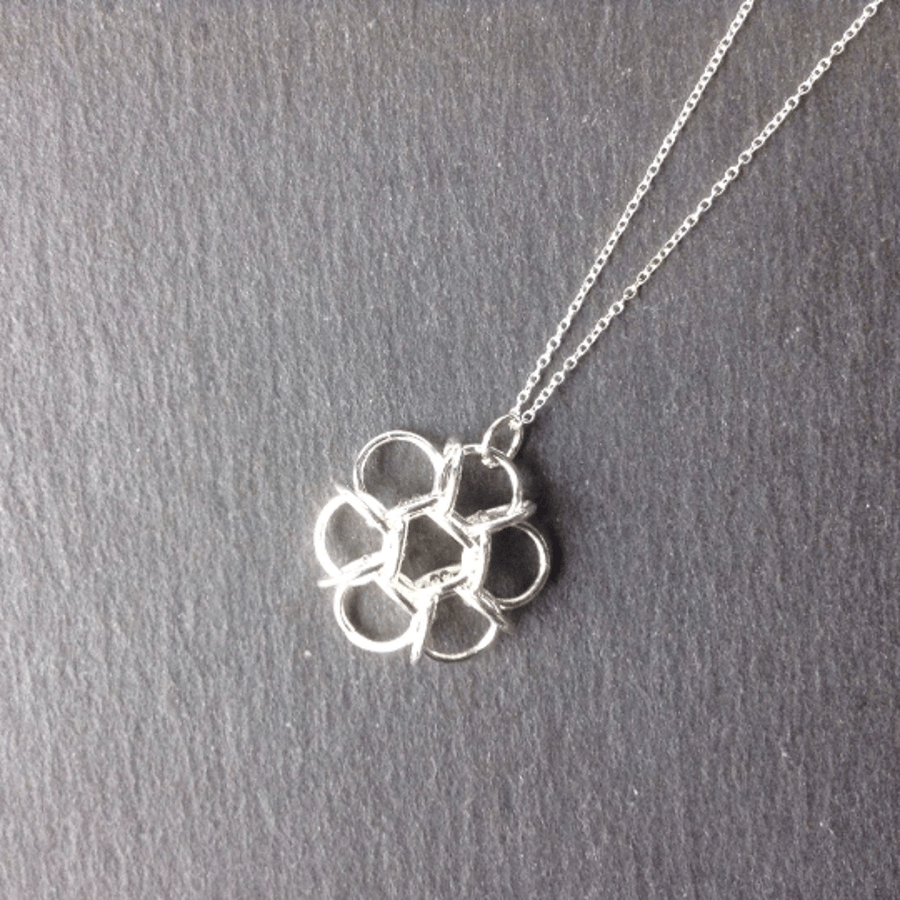 Silver Flower Pendant, Sterling Silver Chainmaille Pendant