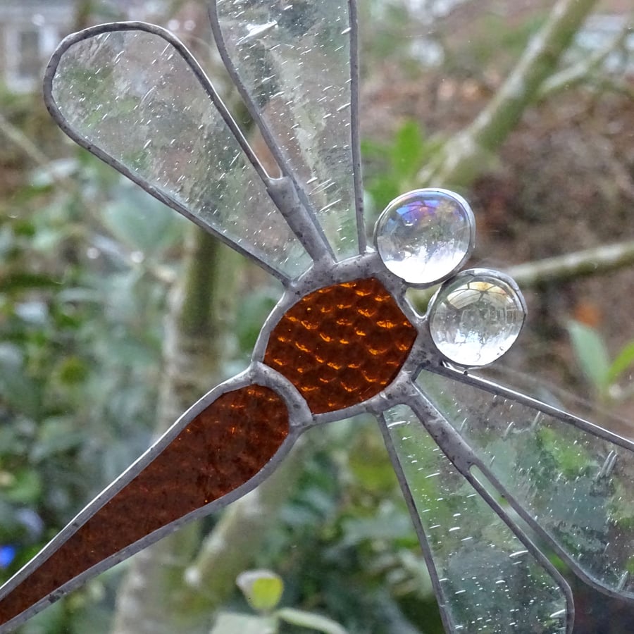 Stained Glass Dragonfly Suncatcher - Brown 