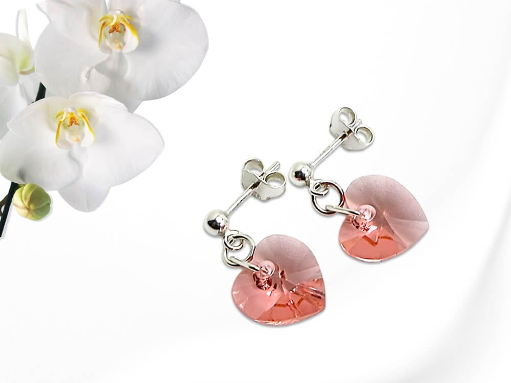 Pink Orange Premium Heart Crystal Elegant Stud Earrings With Sterling Silver 