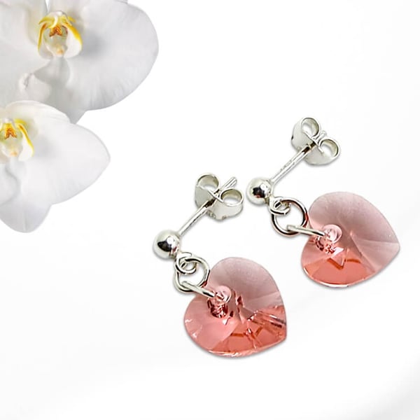 Pink Orange Premium Heart Crystal Elegant Stud Earrings With Sterling Silver 