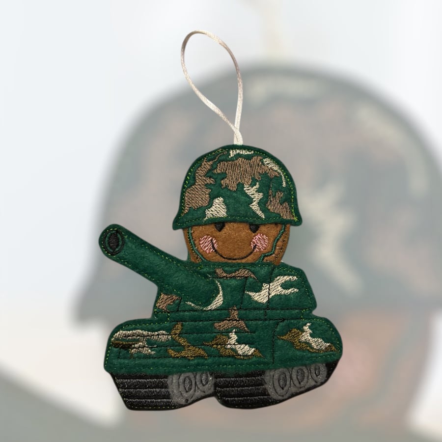 Army tank gingerbread man Embroidered Hanging Keepsake 