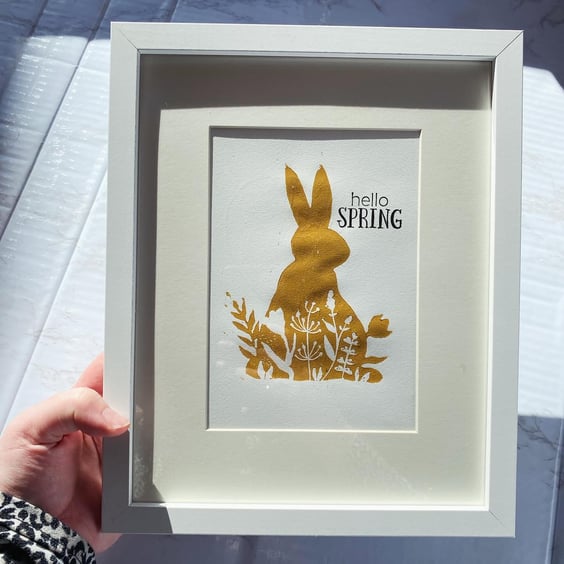 Framed Mustard Hello Spring Bunny Lino Print 