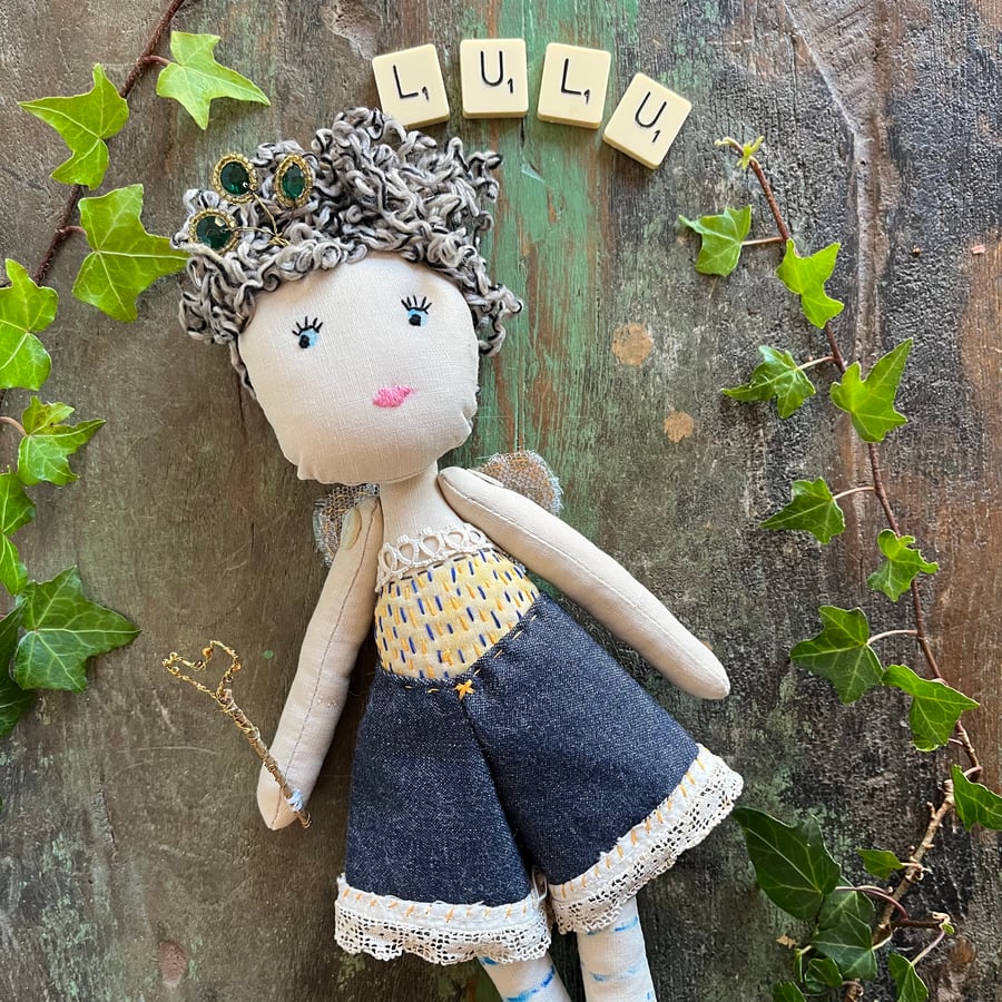 Lulu the Christmas tree fairy made from reclaimed fabrics embroidered