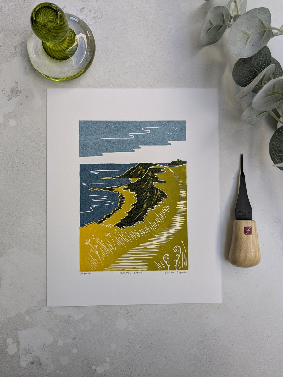 Scarborough Print, North Yorkshire Coast Linocut Print, Limited Edition