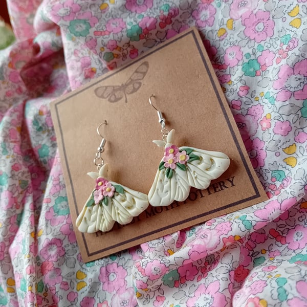 Handmade polymer clay silver plated earrings Vanilla floral moth