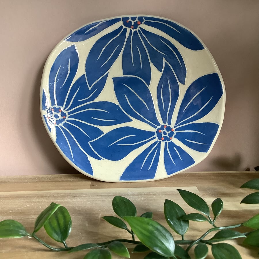 Handmade stoneware blue flower side plate spoon rest coaster tableware