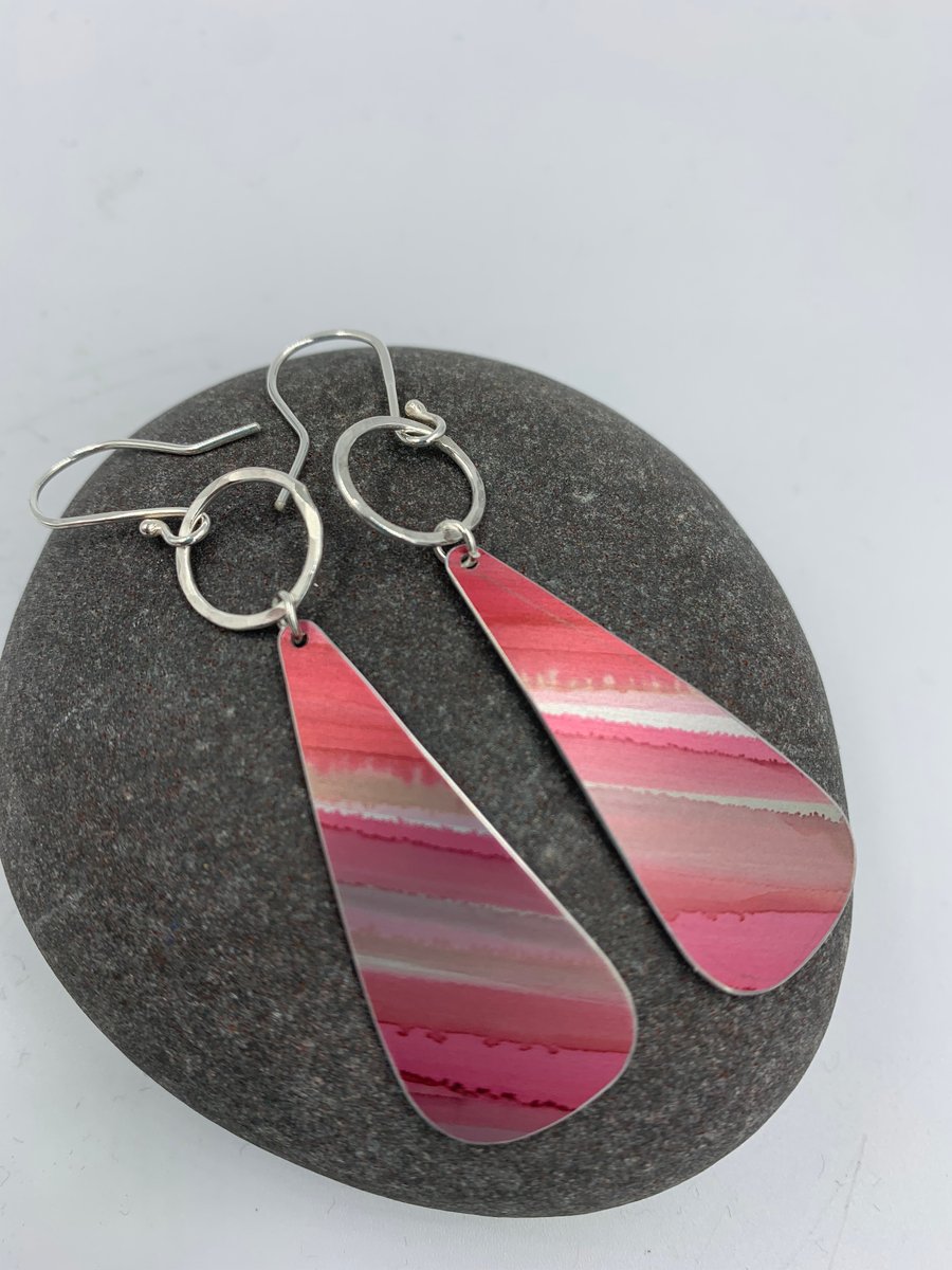 Red and beige striped drop earrings with silver ring