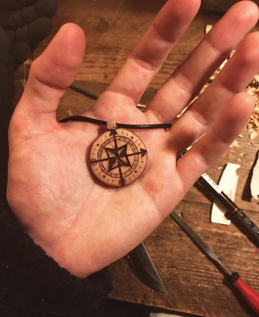 Hand Carved Compass Pendant