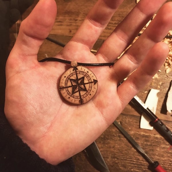 Hand Carved Compass Pendant
