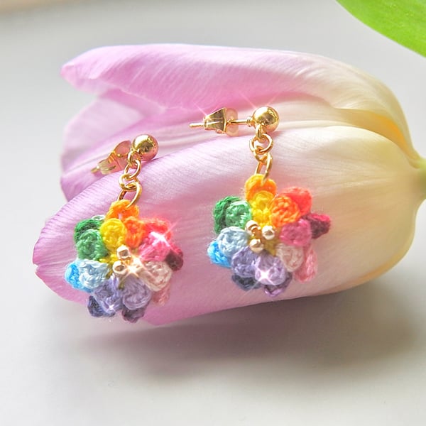 Microcrochet Rainbow Daisy Stud Drop Earrings 