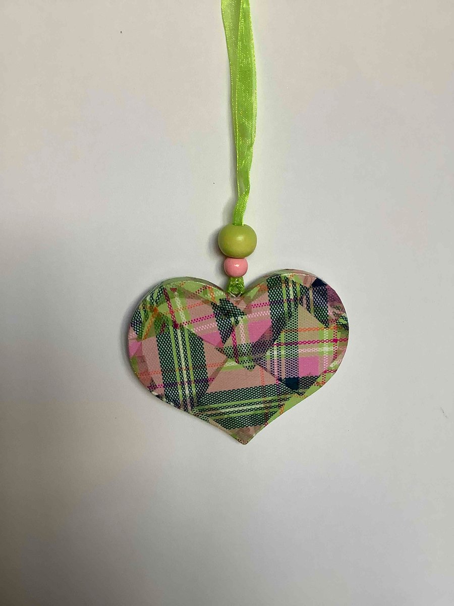 Green and pink tartan wooden heart