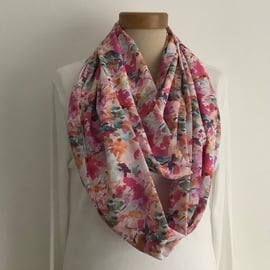 100% Fine COTTON  lawn infinity scarf. ' Artiste' . Multicoloured . Floral.