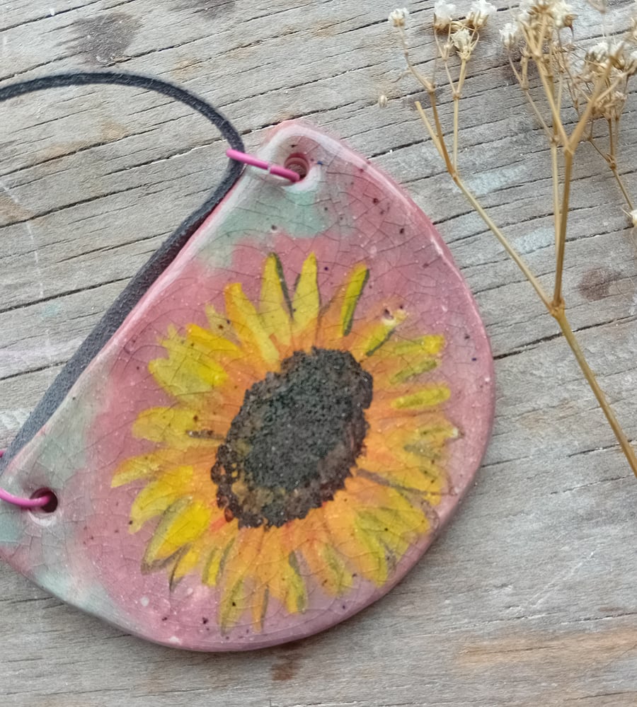 Sunflower necklace pendant rustic porcelain clay yellow pink crackle
