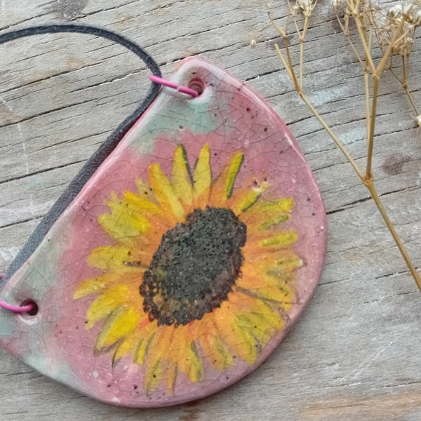 Sunflower necklace pendant rustic porcelain clay yellow pink crackle