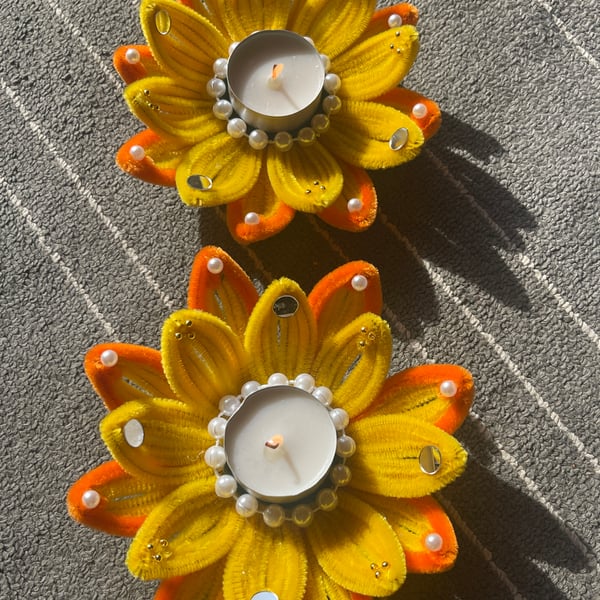 Decorative Flower Tea Light Holders Set of 2 Multicolour Diwali decoration 