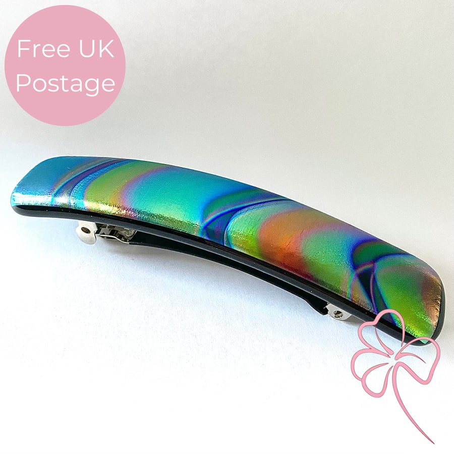 Neon Twizzle Patterned Dichroic Fused Glass Hair Barrette Clip
