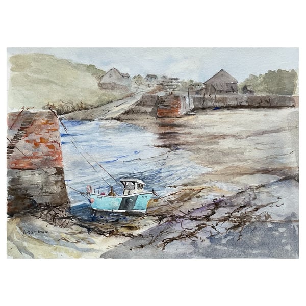 Blue Boat Tethered To The Harbour Walls