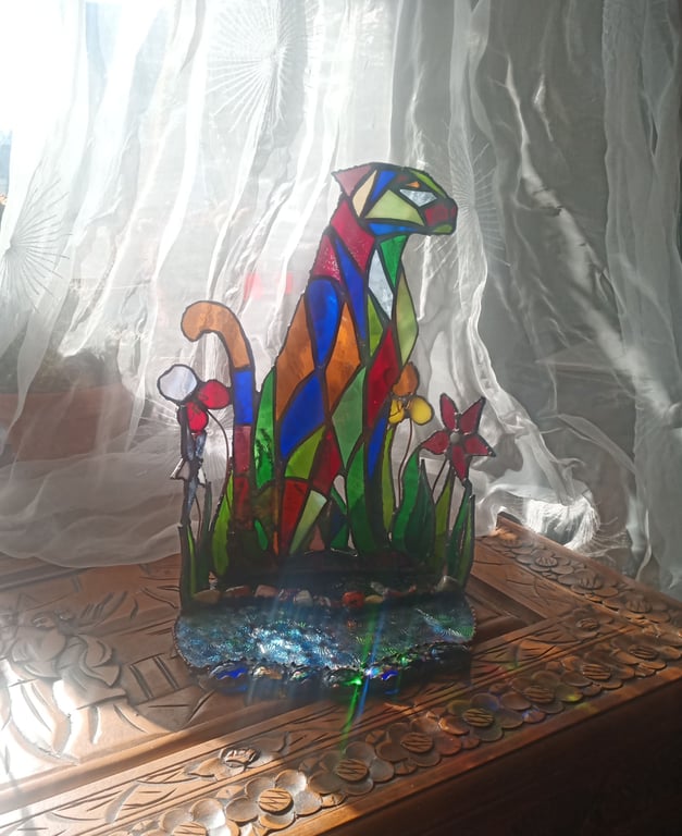 "Jungle Cat" Stained Glass Panther Ornament Decoration 