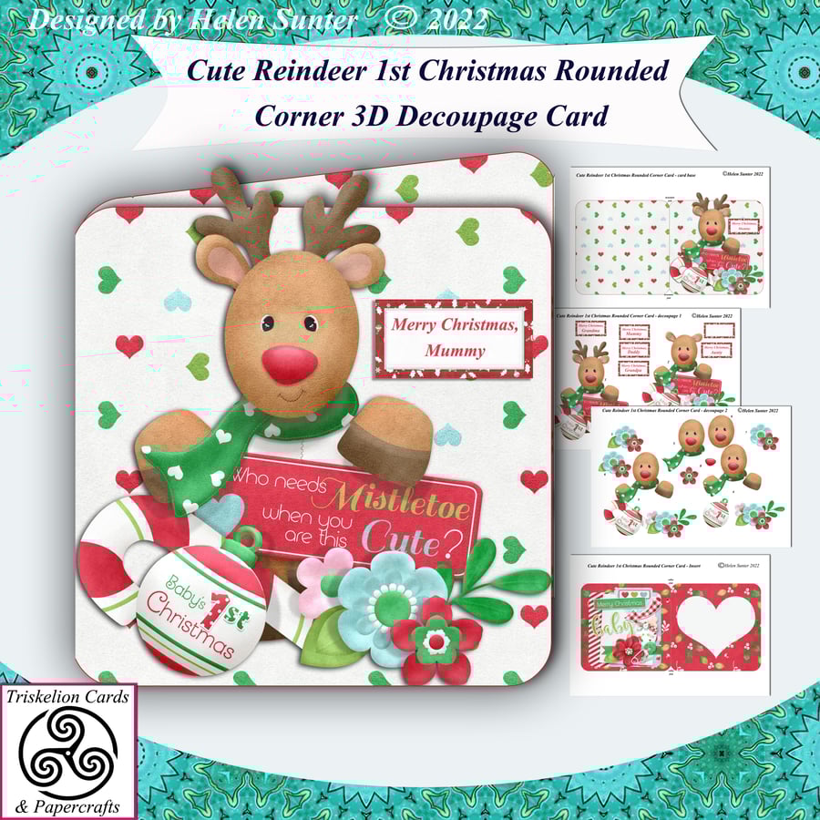 Printable Cute Reindeer Baby's 1st Christmas Rounded Corner Decoupage Card 