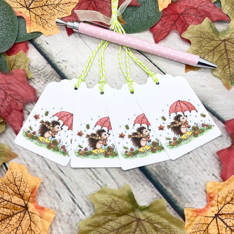 Hedgehog Autumn Walk Gift Tags - set of 4 tags