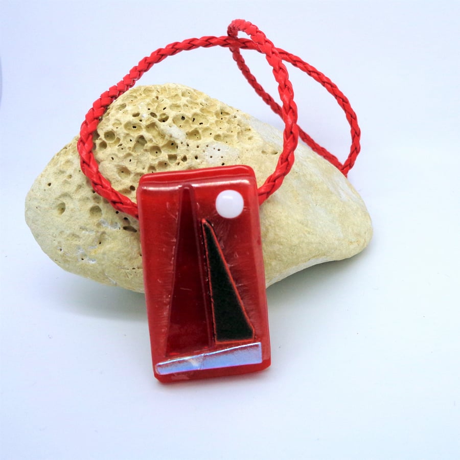 Dichroic glass pendant art Moonlit sails on red