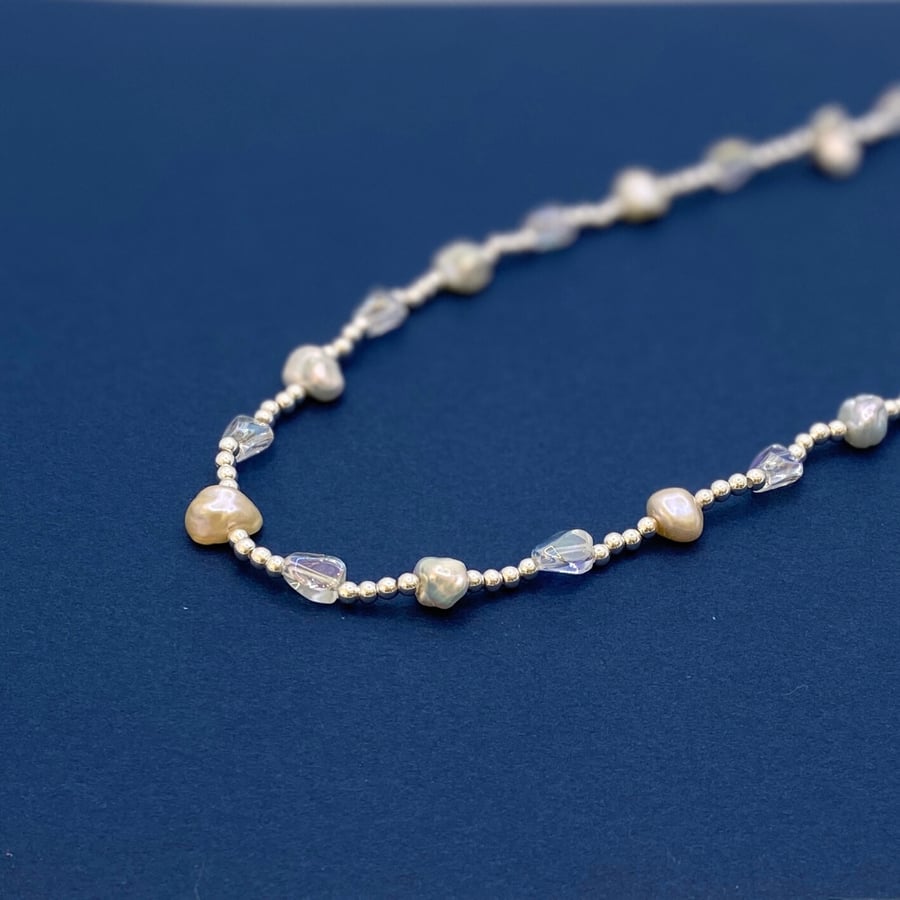 Keshi Freshwater Pearl Necklace with Crystal and Sterling Silver beads