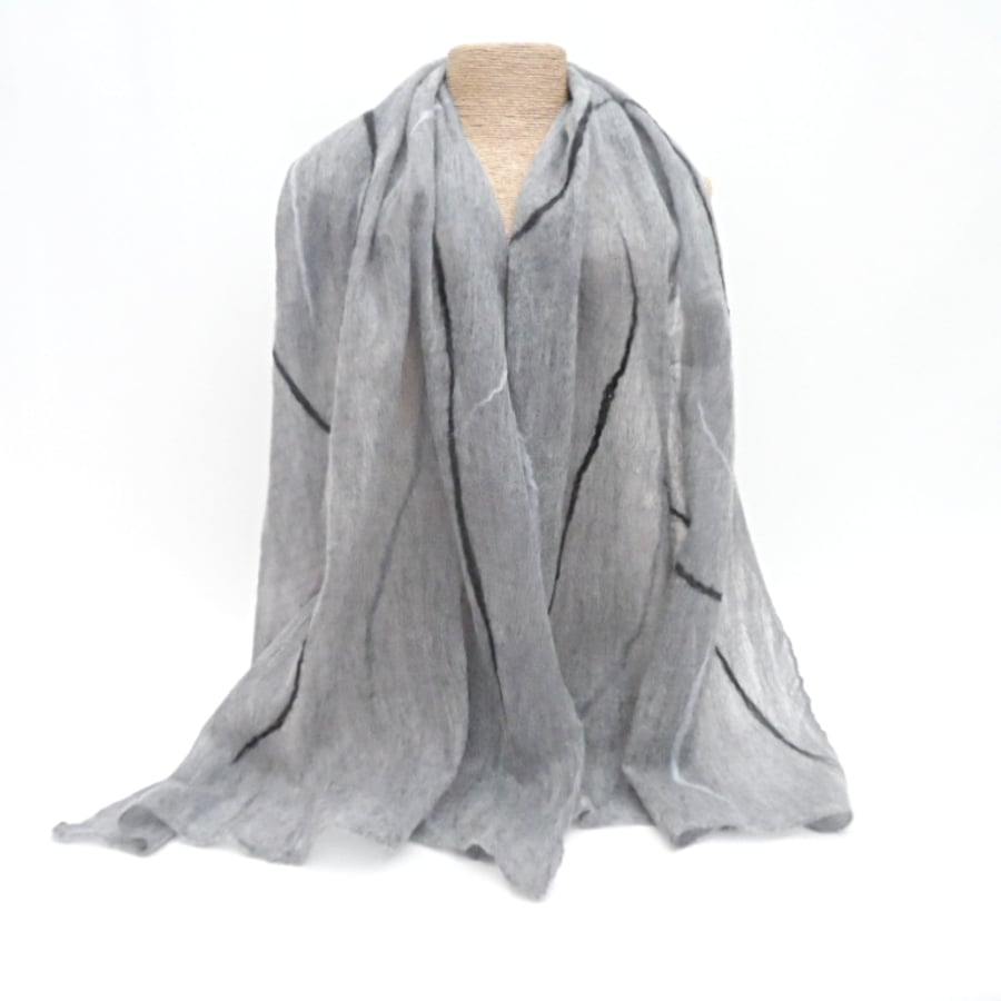 Natural grey merino wool nuno felted silk scarf