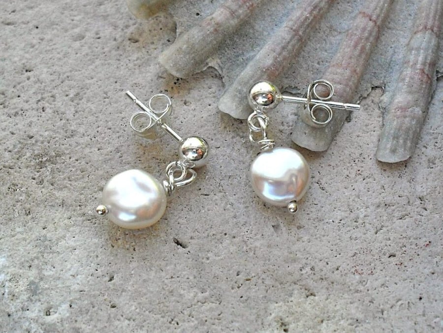 White Freshwater Pearl Dangle Stud Earrings