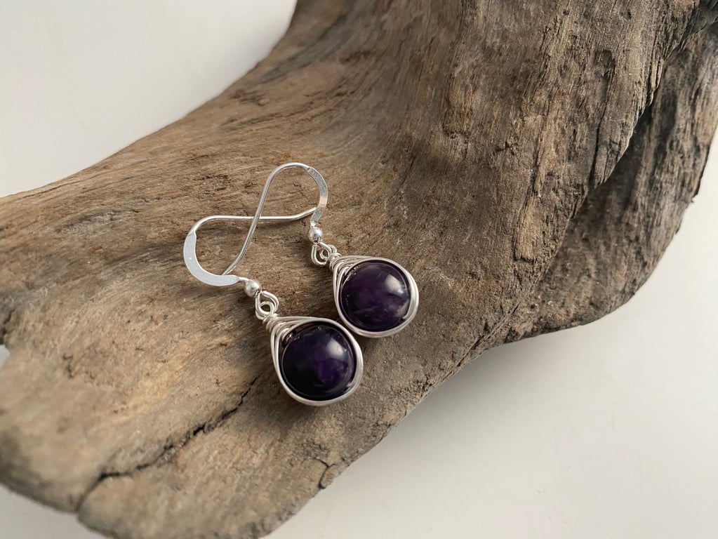Amethyst Drop Earrings, Sterling Silver, February Birthstone