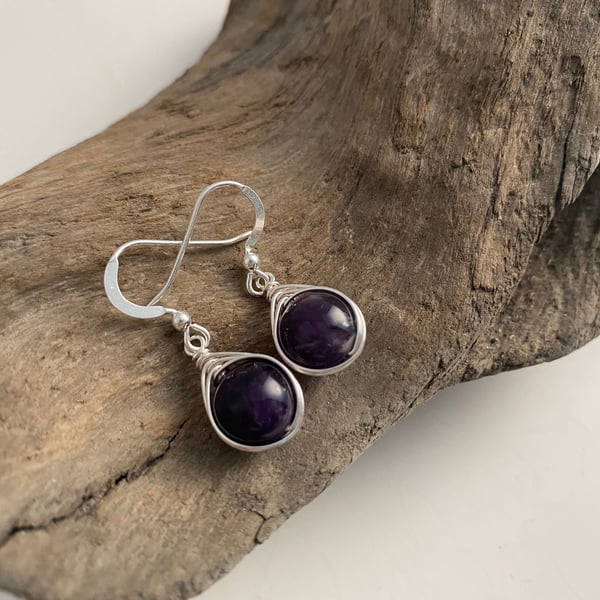 Amethyst Drop Earrings, Sterling Silver, February Birthstone