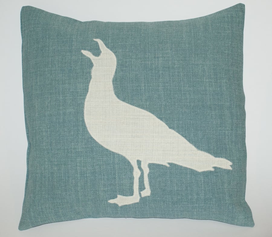 Seagull Linen Appliqued Cushion Cover Artisan Made Duck Egg Blue