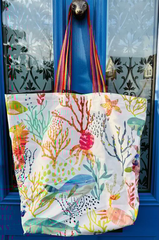 Large tmarine animal tote bag with rainbow webbing handles