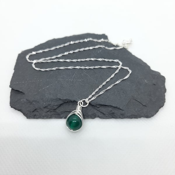 Green Onyx Silver Necklace - Recycled Sterling Silver Gemstone Pendant