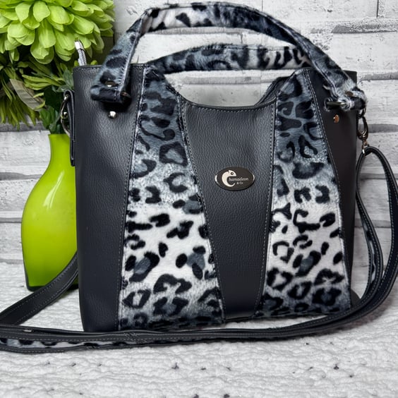 Large Handbag in Charcoal Grey Faux leather with crossbody strap