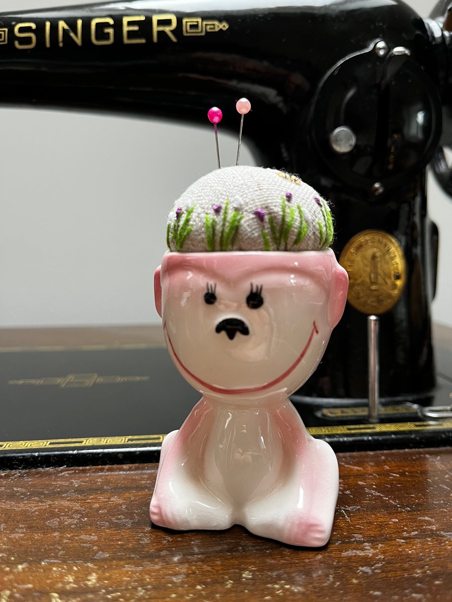 Pin cushion - pink monkey egg cup - embroidered with bee and flowers