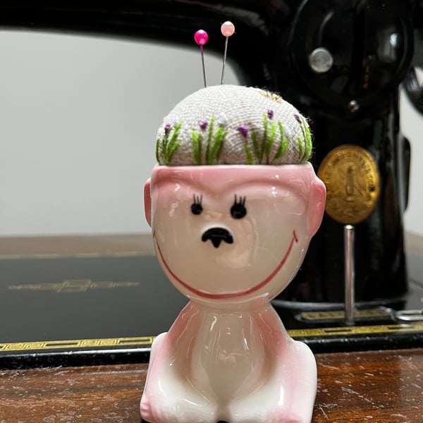 Pin cushion - pink monkey egg cup - embroidered with bee and flowers