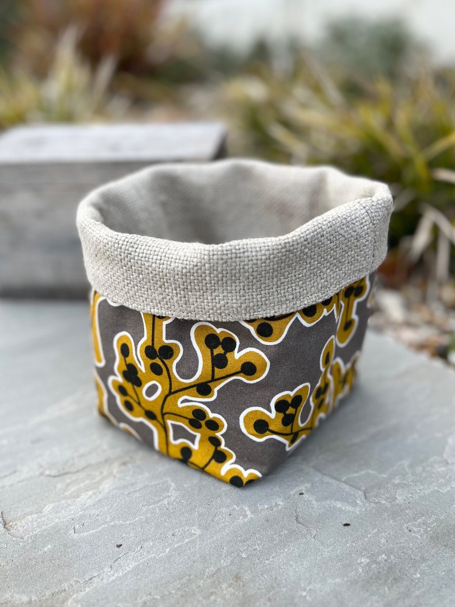 Mustard and grey cotton and linen reversible storage basket plant pot