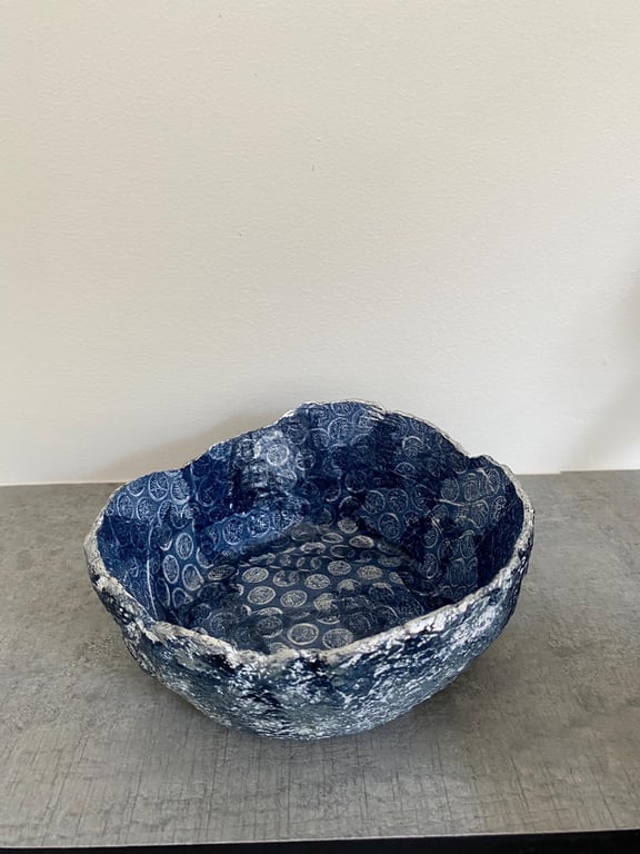 Handmade Decoupage Paper Mache Bowl: Deep Blue Eco-Friendly Bonbon Dish
