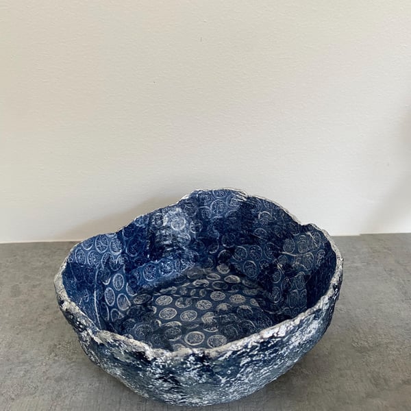 Handmade Decoupage Paper Mache Bowl: Deep Blue Eco-Friendly Bonbon Dish