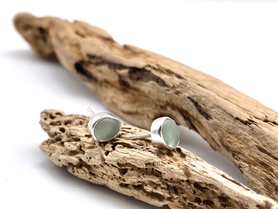 Aqua Sea Glass Stud Earrings