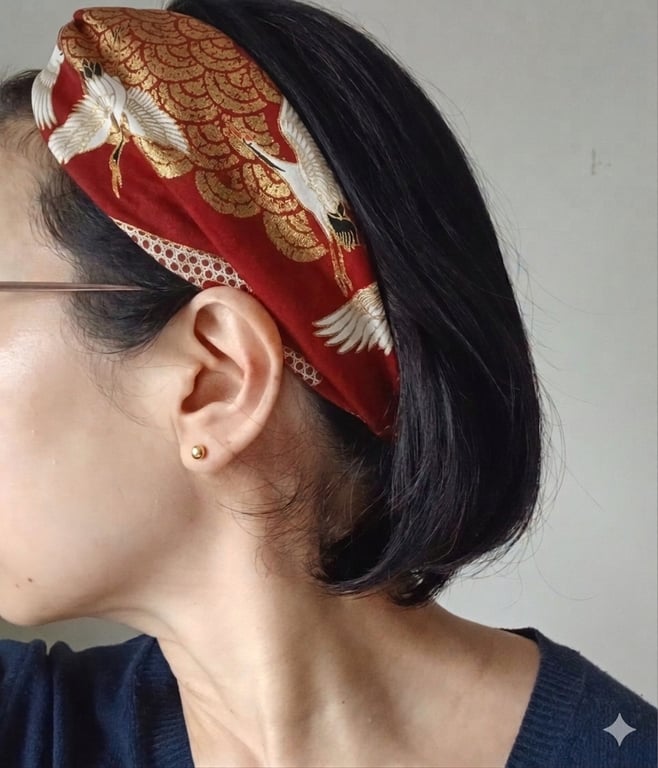 Japanese Crane Print Twisted Knot Headband – Deep Red & Gold