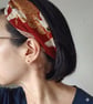 Japanese Crane Print Twisted Knot Headband – Deep Red & Gold
