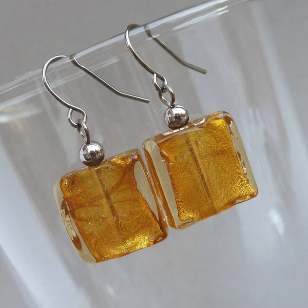 Amber Square Fused Glass Earrings - Everyday Mustard Drop Earrings - Jewellery