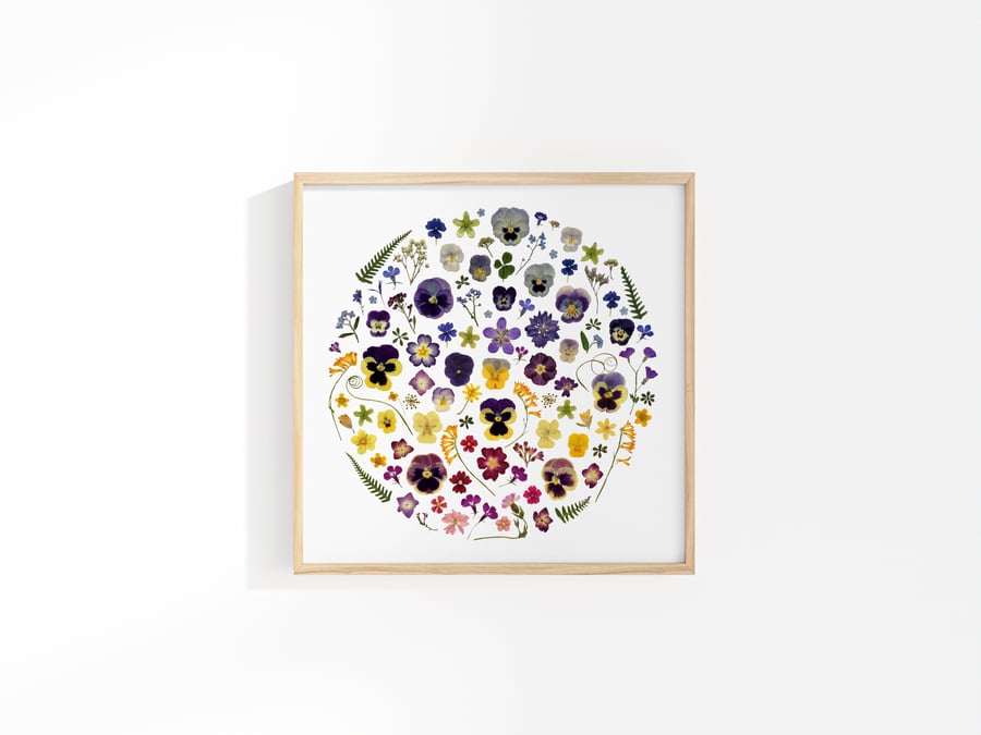 Pressed Flower Art Print, 30.5cm, Pansy, Lucky Clover, Forget Me Not, 