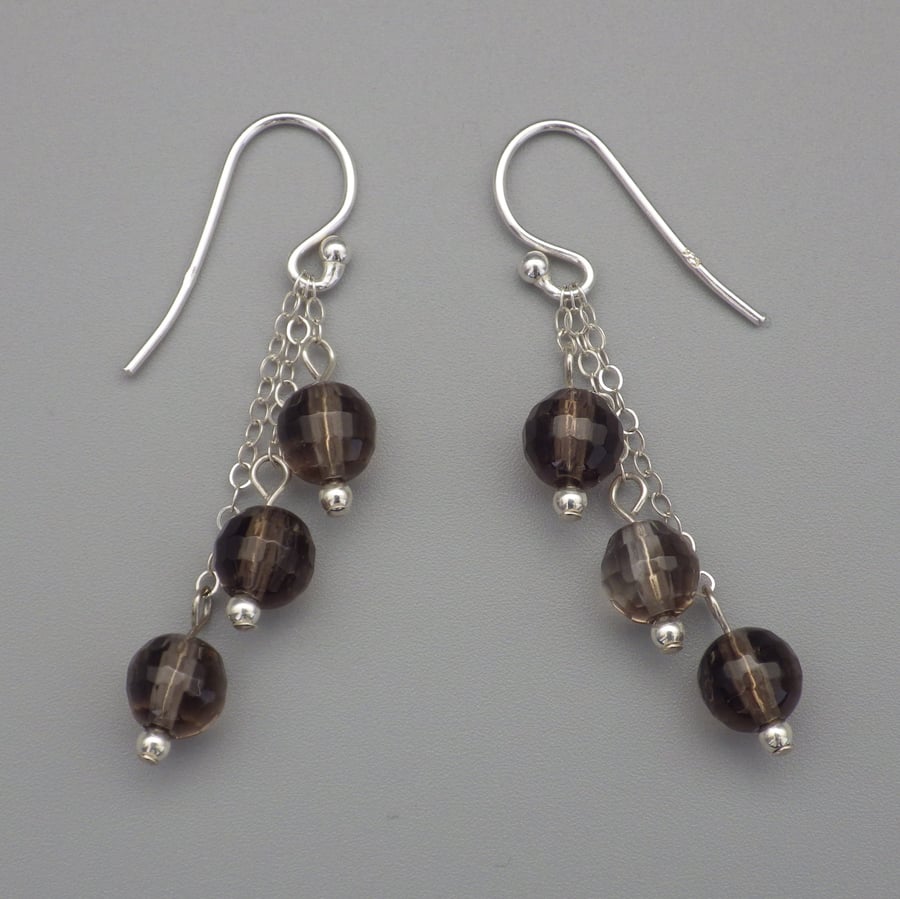 Three tier faceted smoky quartz round bead earrings