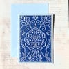Hand-Inked Embossed Greeting Card – Elegant Damask Pattern in Indigo and Silver