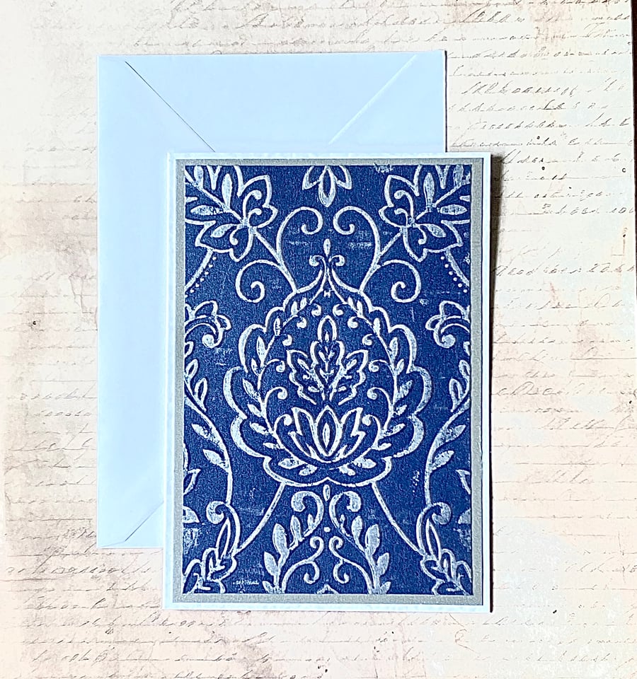 Hand-Inked Embossed Greeting Card – Elegant Damask Pattern in Indigo and Silver