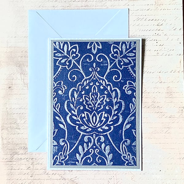 Hand-Inked Embossed Greeting Card – Elegant Damask Pattern in Indigo and Silver