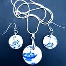 Sailing boats - Blue and White Recycled vintage ceramic earrings and pendant on 